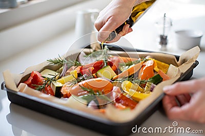 Close Up Of Seasoning Tray Of Vegetables For Roasting With Olive Oil Ready For Vegan Meal Stock Photo