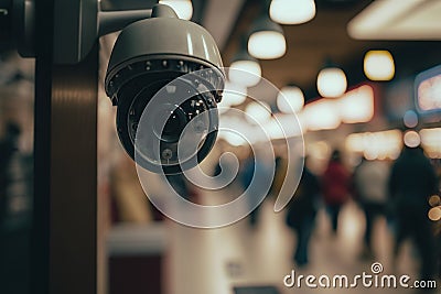 Close - up of a security camera monitoring of a busy shopping center created by generative AI Stock Photo