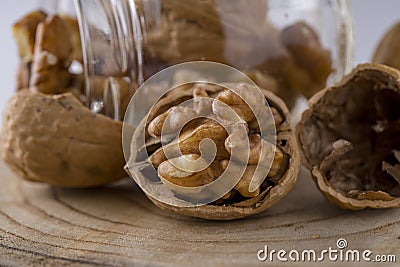 Close up at seed of Walnut Favorite for snack and very delicious.Have a lot of omega 3 for brain.Healthy food concept. on wood bac Stock Photo