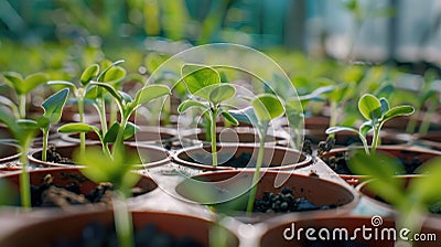 Close-up of seedlings in green trays Stock Photo