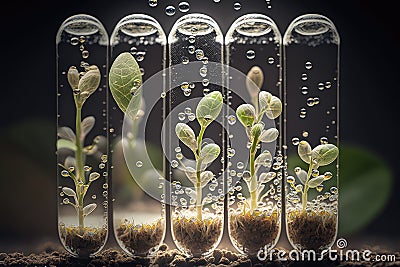 close-up of seeds germinating in test tubes, with droplets of water visible Stock Photo