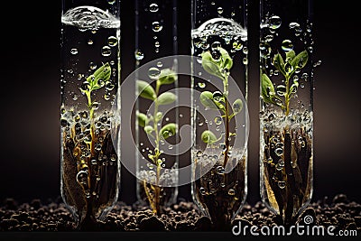 close-up of seeds germinating in test tubes, with droplets of water visible Stock Photo