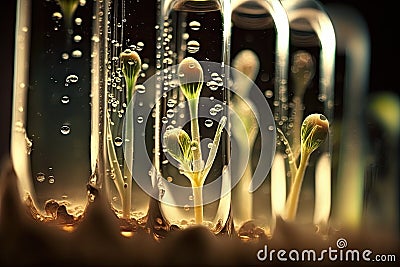 close-up of seeds germinating in test tubes, with droplets of water visible Stock Photo