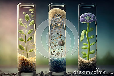 close-up of seeds germinating in test tubes with various backgrounds Stock Photo