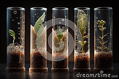 close-up of seeds germinating in test tubes with various backgrounds Stock Photo