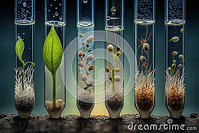 close-up of seeds germinating in test tubes with various backgrounds Stock Photo