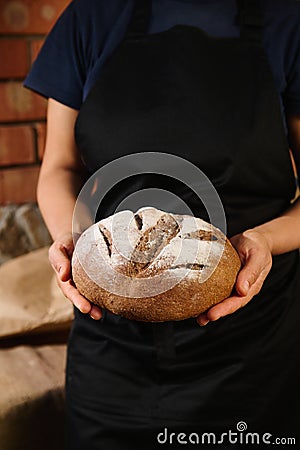 Close-up of a fresh baked whole grain homemade rye bread in the hands of a woman baker dressed in black chef& x27;s apron Stock Photo
