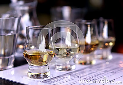 Close-up / selective focus a flight of whiskies. Stock Photo