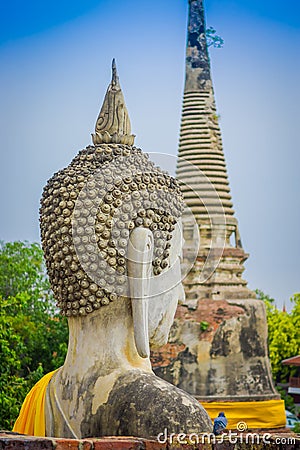 Close up of selective focus of the head of ancient Buddha Statue at WAT YAI CHAI MONGKOL, The Historic City of Ayutthaya Editorial Stock Photo