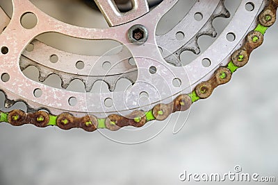 Close up selective focus rusty old metal chain wheel of vintage Stock Photo