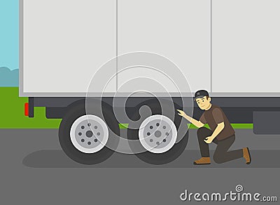 Close-up of semi-trailer driver checking the tires. Maintain and inspect tires. Vector Illustration