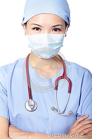 Close up of a serious Female surgeon doctor Stock Photo