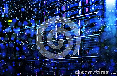 Close up server rack cluster in a data center selected focus, narrow depth field Stock Photo
