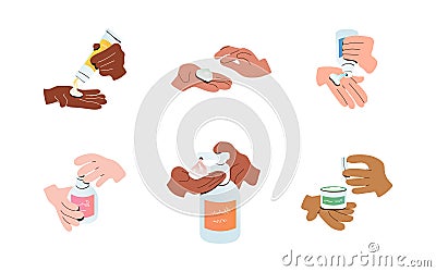 Diverse hands apply cream from tube vector illustration Vector Illustration