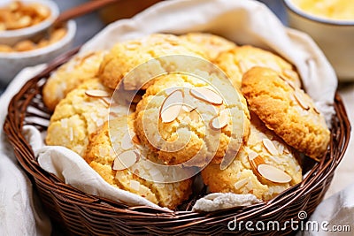 close up of several almond cookies in a woven basket Stock Photo