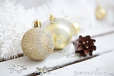 Close up of several Christmas gold glass baubles Stock Photo