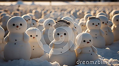 AI generated. Close-up of several cute funny snowmen made from snow. Stock Photo