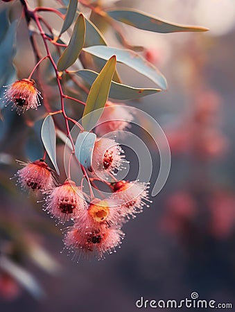 Close-up of several red and pink flowers, with some buds visible. These flowers are growing on branches of an Stock Photo