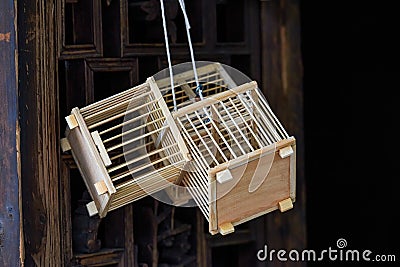 Close-up of several wooden bird cages Stock Photo