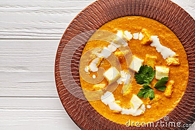 Close up of Shahi paneer texture Indian vegetarian masala gravy meal with vegetables and white sauce Stock Photo