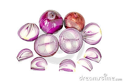 Close up shallots with half sliced isolated on white background Stock Photo