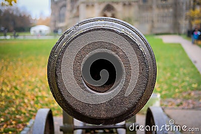 Close-up, shallow focus of an ancient, English wrought iron cannon. Stock Photo