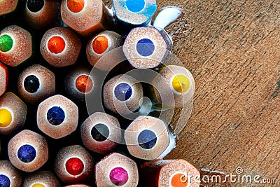 Close-Up of Sharpened Colored Pencils. Sharpened Colored Pencils in Macro View. Detailed View of Colorful Sharpened Pencils in a Stock Photo