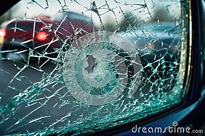 close-up of shattered windshield with scattered glass Stock Photo