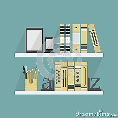 Close up of shelves with some books and accessories Stock Photo