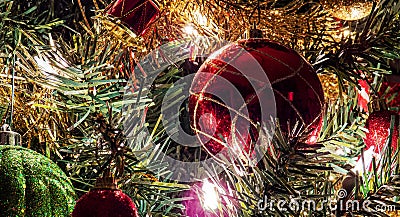 Close-up of a shining red ball and other decorations Stock Photo