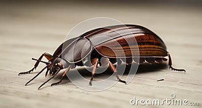 Close-up of a shiny, brown beetle on a wooden surface Stock Photo