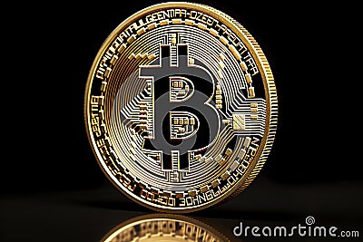 Close up of shiny gold bitcoin cryptocurrency coin with selective focus and blurred background Stock Photo
