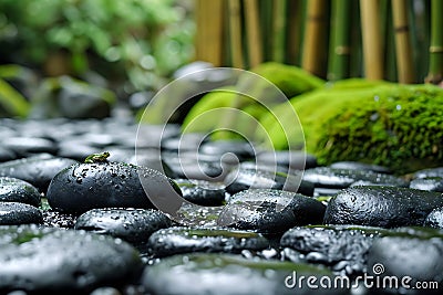 Close-up of shiny stones and lonely frog in a Zen garden Stock Photo
