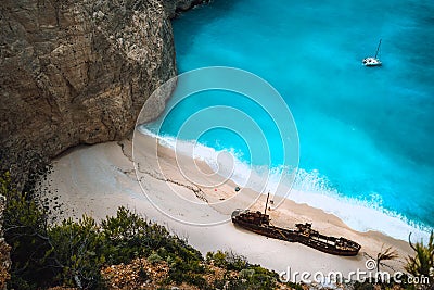 Close up of Shipwreck in Navagio beach. Famous tourist visiting landmark on Zakynthos island, Greece Stock Photo