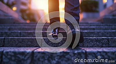 Close-up on the shoes of a professional ascending steps against the sunset backdrop in a bustling city environment. Stock Photo