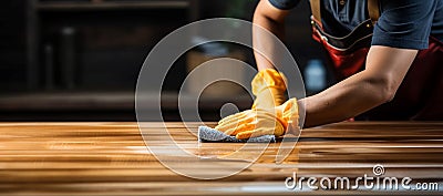 Close up Shop cleaner meticulously at work, sprucing up a wooden tabletop Stock Photo