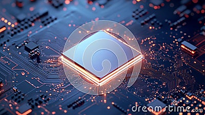 A closeup shot of an advanced microprocessor chip on a circuit board showcasing its intricate design and the complex pathways of Stock Photo