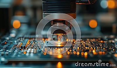 Close-up shot of AI robot creating intricate circuit design Stock Photo