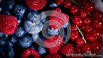 Close up shot of assorted colourful fresh berries. Natural source of vitamins. Full frame fruit background Stock Photo