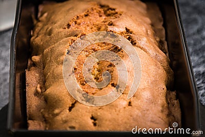 A close up shot of a baked cake or pie, cracked in the middle, i Stock Photo