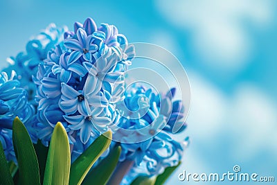 A close up shot of Beautiful blue hyacints bouquet with blue sky Stock Photo