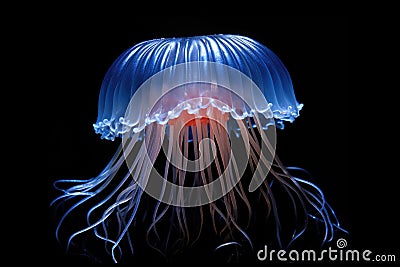 close-up shot of a bioluminescent jellyfish against a black background Stock Photo