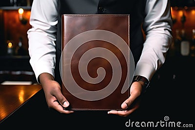 A black waiter's hands holding a blank brown leather-bound menu facing towards the camera - Template mock-up Stock Photo