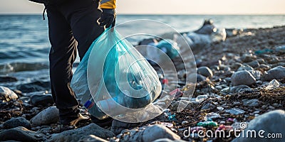 In a close-up shot with a blurred background, a volunteer is actively collecting plastic bottles by the sea Stock Photo