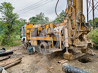 A close up shot bore well drilling truck, Tubewell Drilling Machine Stock Photo