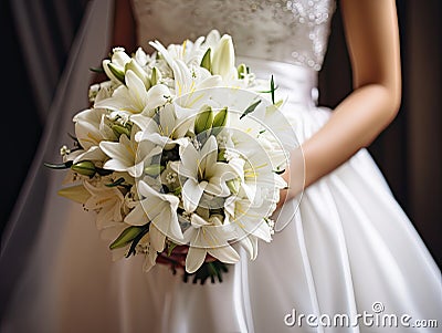 Close up shot of bride holding a bouquet of lilies Stock Photo