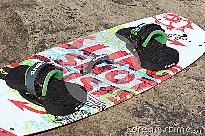 Kitesurfing Board and Shoes, Close Up of Gear Editorial Stock Photo