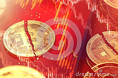 Close-up shot of Broken bitcoin split in two pieces laying on a smartphone screen with stock-market diagram in red color. 3D Stock Photo