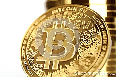 Close up shot on BSV letters on conceptual Bitcoin Satoshi Vision coin Bitcoin SV. 3D rendering Stock Photo