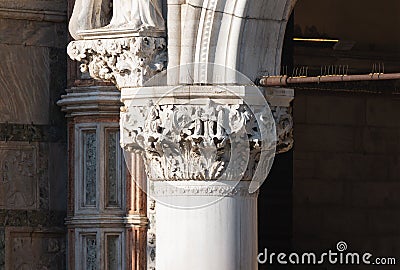 Close up shot of the Capital of the Justice - 36th column capital of the famous Doge Palace in Venice Stock Photo